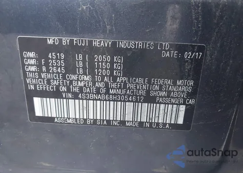 2017 Subaru Legacy 2.5I from USA, damaged, VIN 4S3BNAB68H3054612